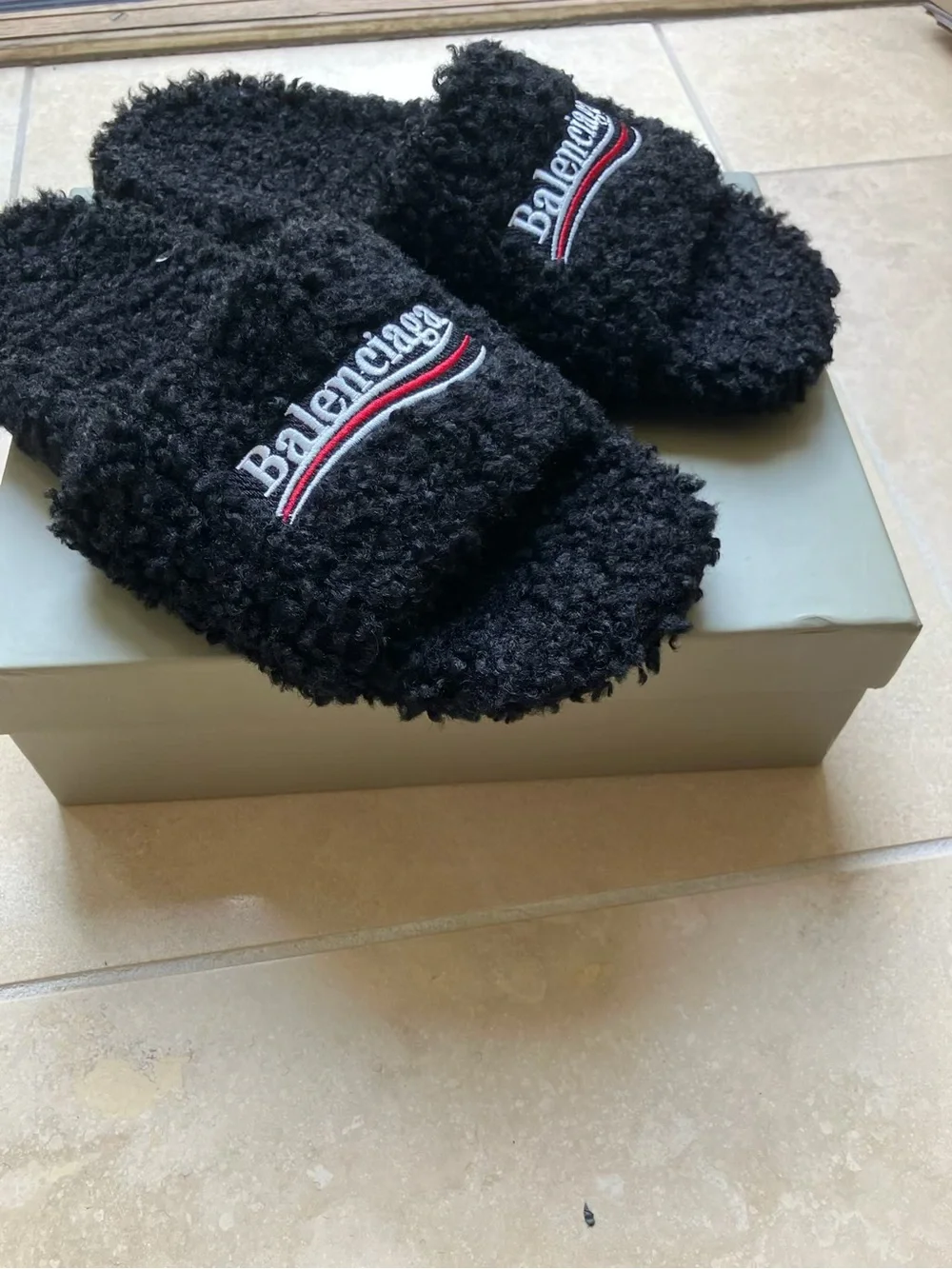 Balenciaga Black Fuzzy Logo Slide Sandals with Red & White Accent
